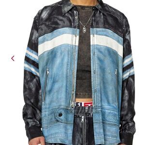 DIESEL Mens Shirt Size 54 Blue Stripe Button Up Weathered Faux Jacket Moto $375